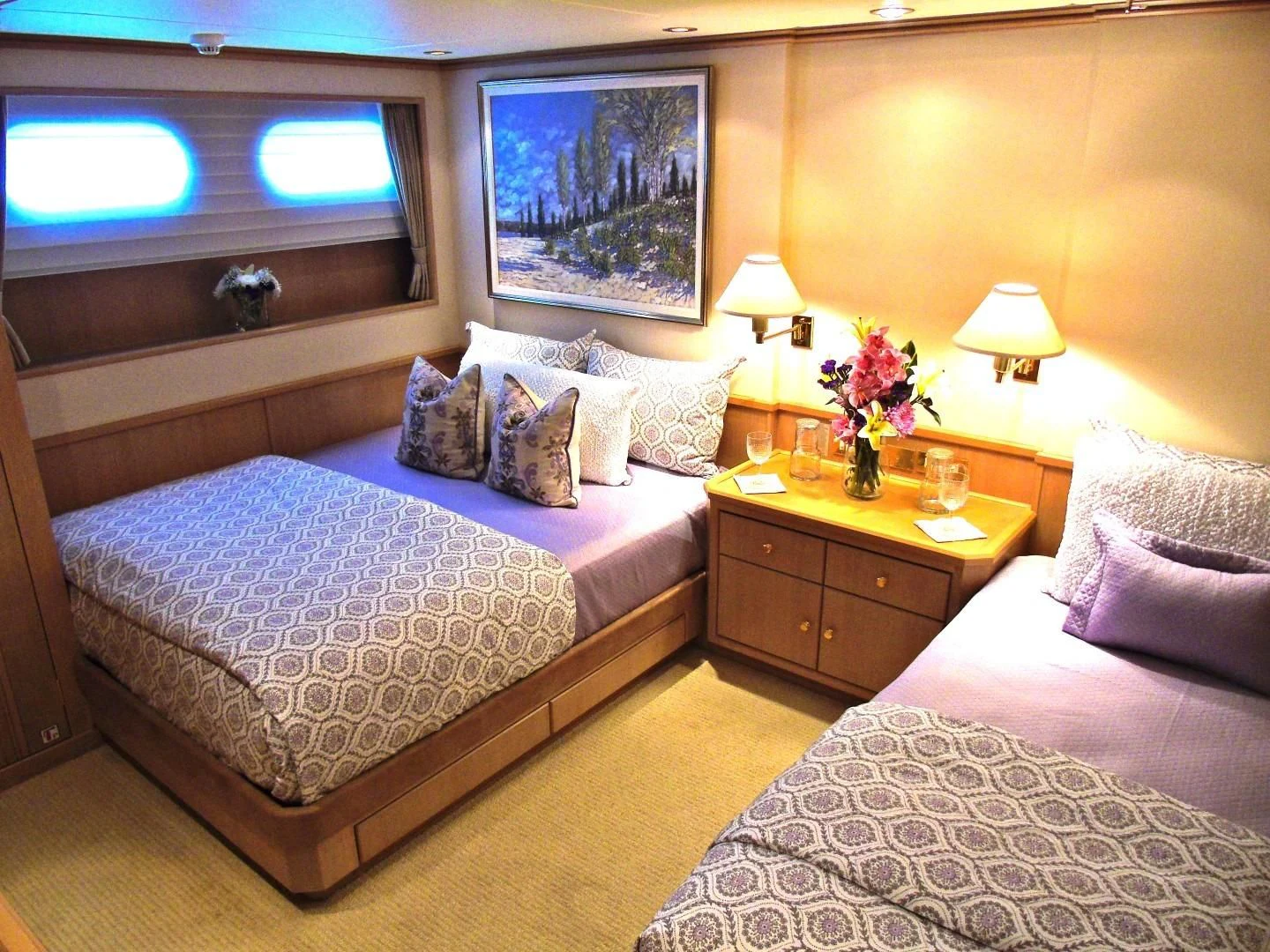 a couple of beds in a hotel room aboard CHANTAL MA VIE Yacht for Sale