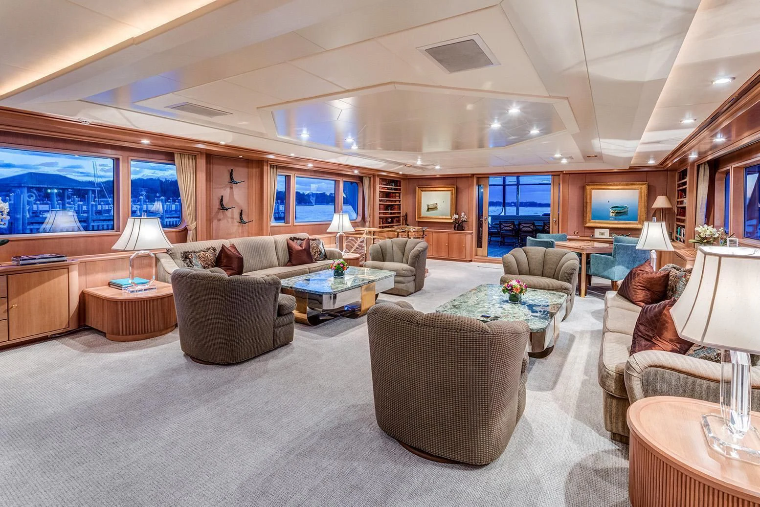 a living room with a large open floor plan aboard CHANTAL MA VIE Yacht for Sale