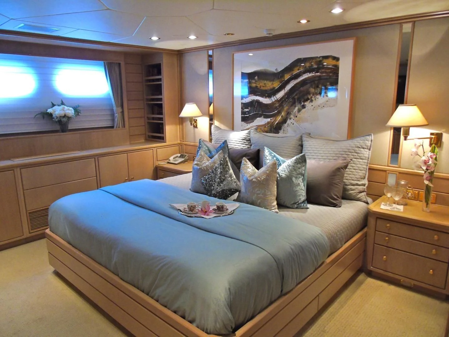 a large bed in a room aboard CHANTAL MA VIE Yacht for Sale