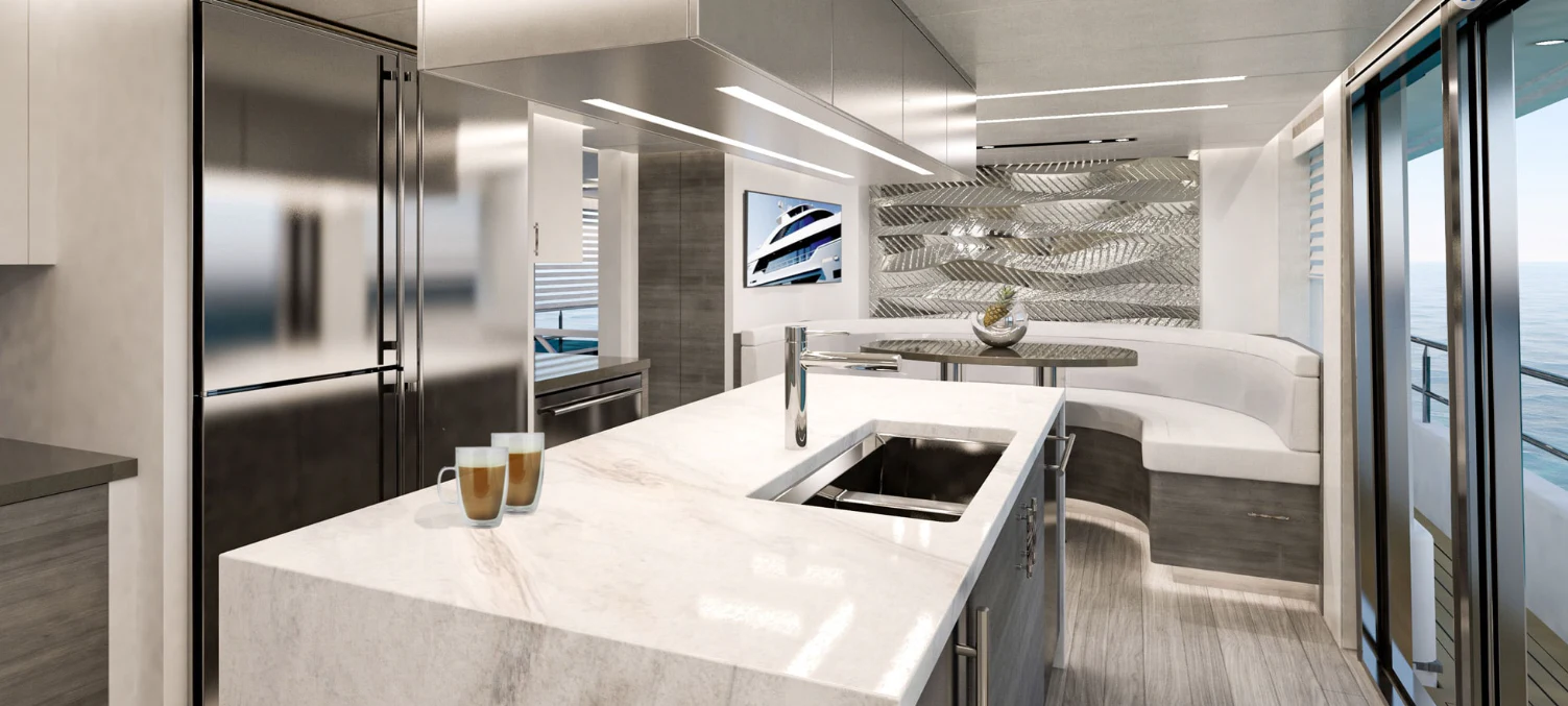a modern kitchen with a large island aboard PRICELESS Yacht for Sale