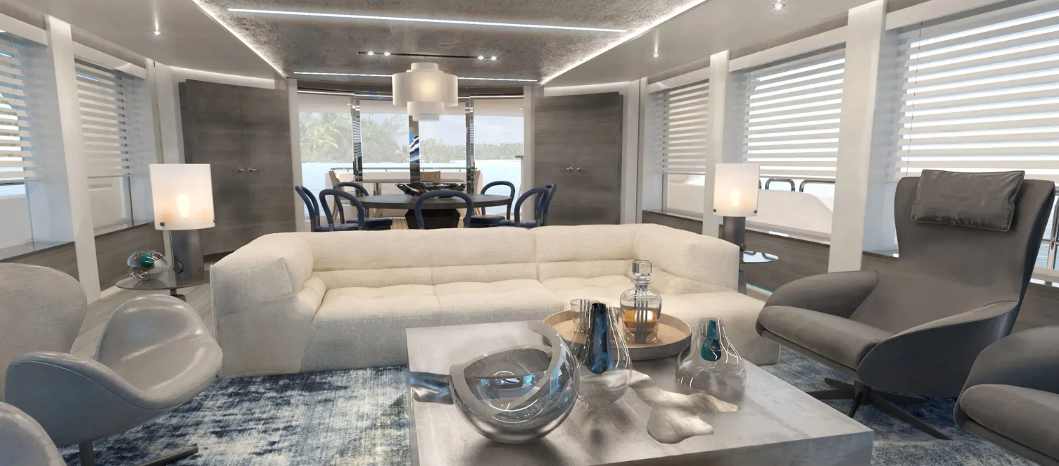 a living room with a couch and a table aboard PRICELESS Yacht for Sale
