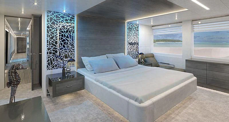 a large bedroom with a large window aboard PRICELESS Yacht for Sale