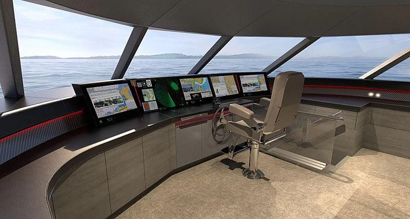 a room with a chair and a table with many screens and windows aboard PRICELESS Yacht for Sale