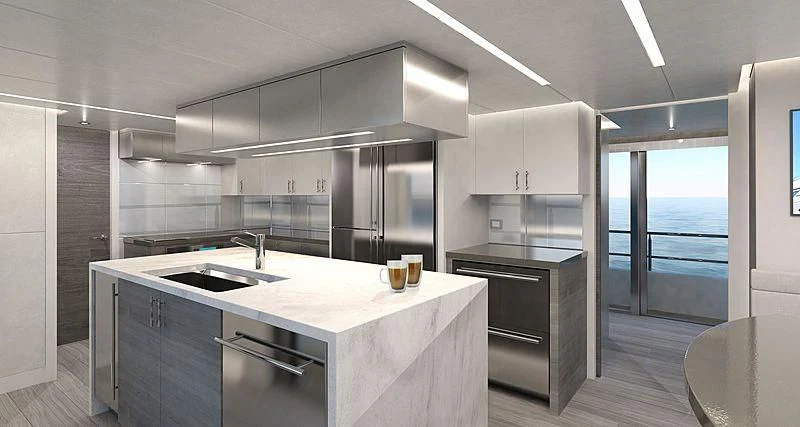 a kitchen with a glass of beer aboard PRICELESS Yacht for Sale