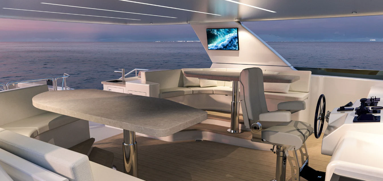 a room with a view of the ocean and a large screen aboard PRICELESS Yacht for Sale