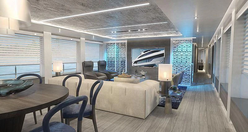 a living room with a large window aboard PRICELESS Yacht for Sale