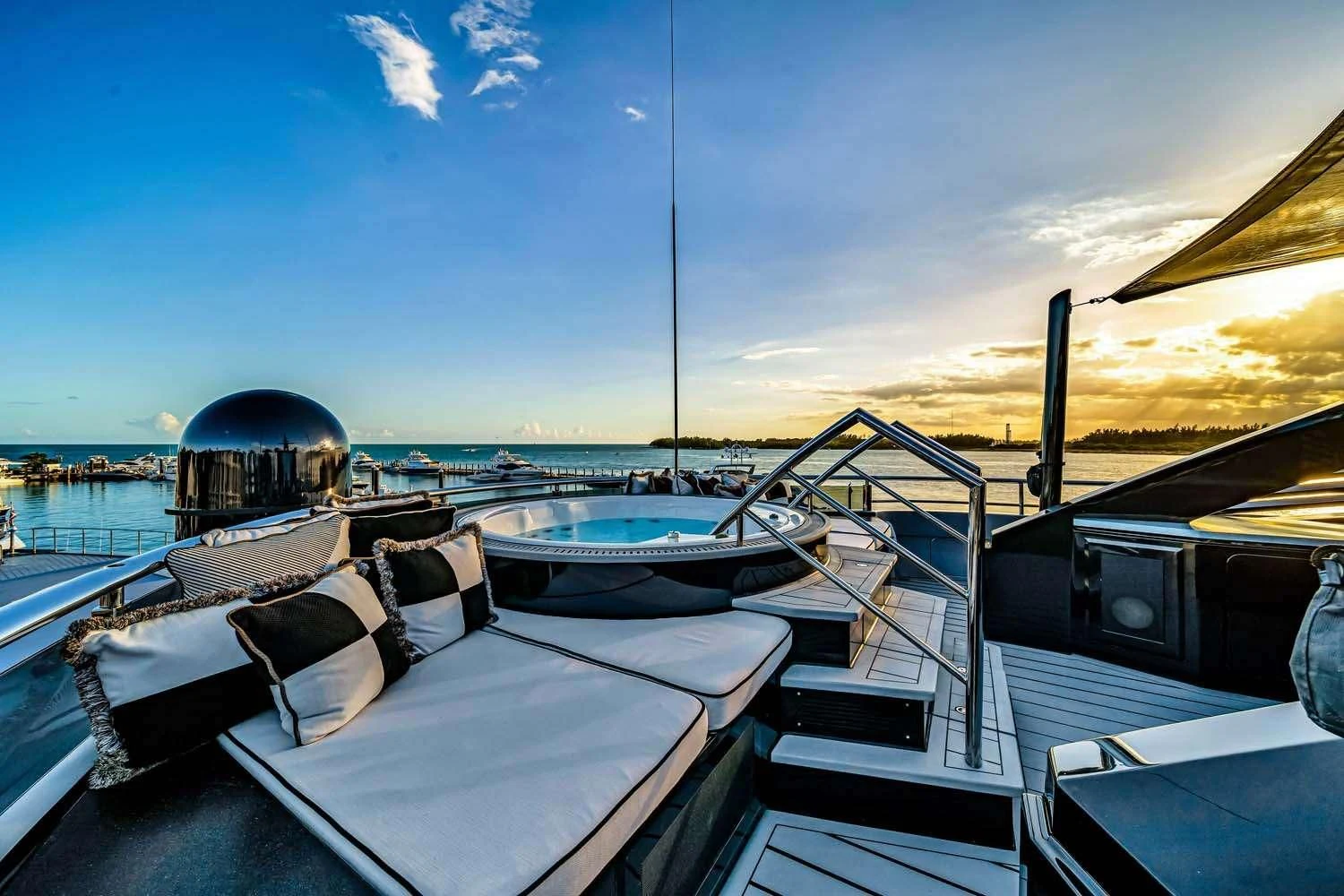 a boat docked at a pier aboard OKTO Yacht for Charter