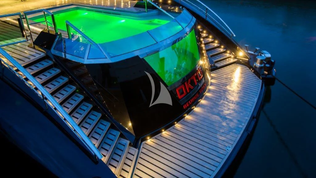 a close-up of a race car aboard OKTO Yacht for Charter