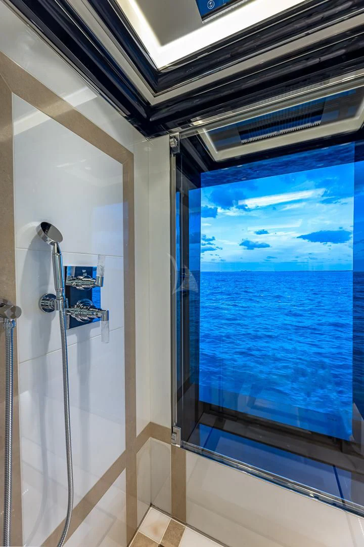 a shower with a view of the ocean aboard OKTO Yacht for Charter