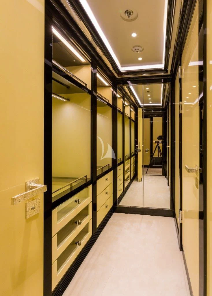 a hallway with glass doors aboard OKTO Yacht for Charter