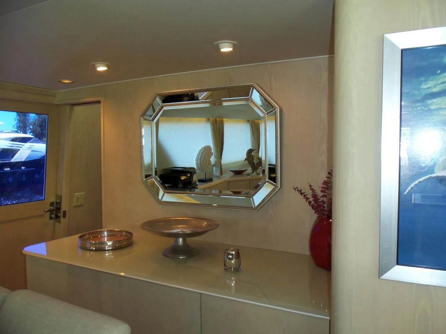 a bathroom with a large mirror aboard MON SHERI Yacht for Sale