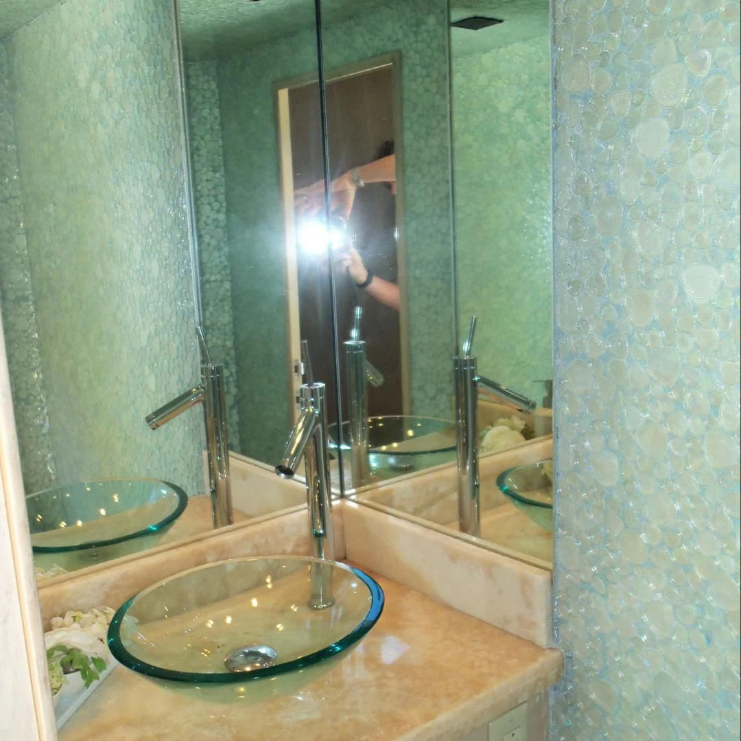 a bathroom with a large mirror aboard MON SHERI Yacht for Sale