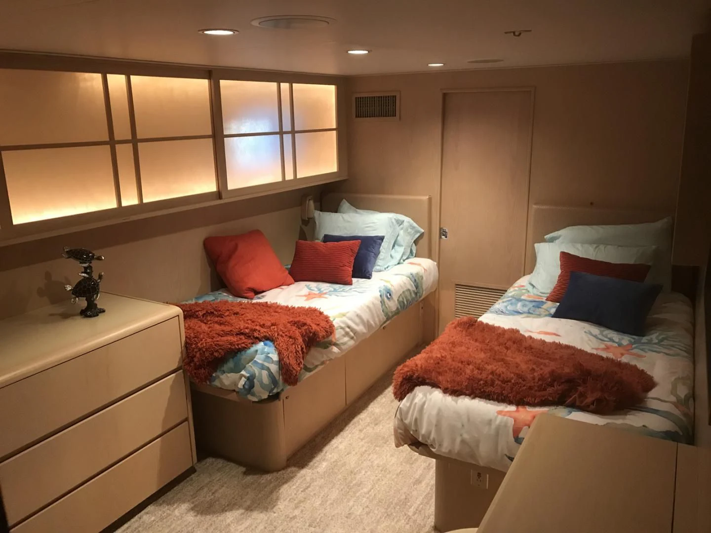 a couple of beds in a hotel room aboard MON SHERI Yacht for Sale