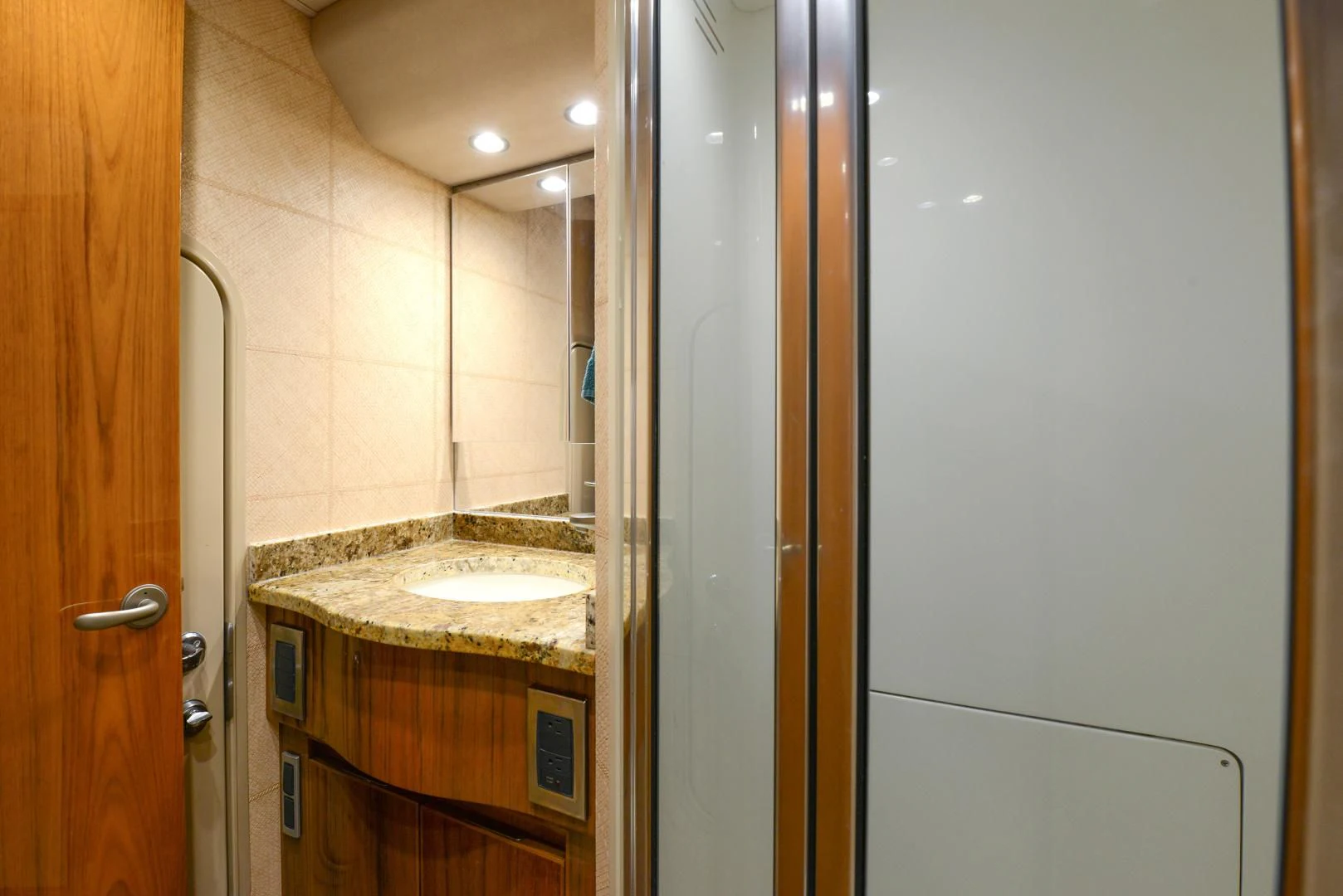 a bathroom with a countertop aboard CRAZY J Yacht for Sale