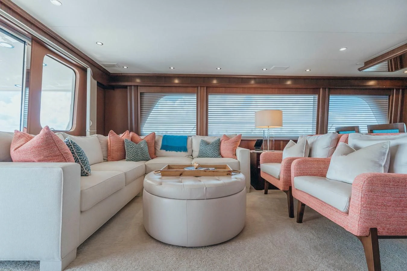 a living room with a couch and a table aboard FINAL FINAL Yacht for Sale