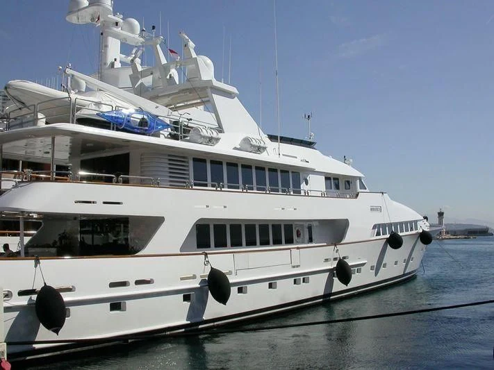 a large white boat on the water aboard AMORAZUR II Yacht for Sale