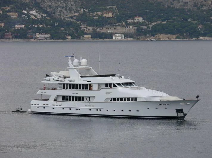 a large white ship in the water aboard AMORAZUR II Yacht for Sale