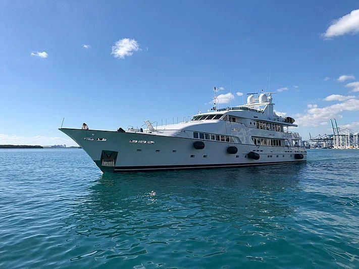 a large white boat in the water aboard AMORAZUR II Yacht for Sale