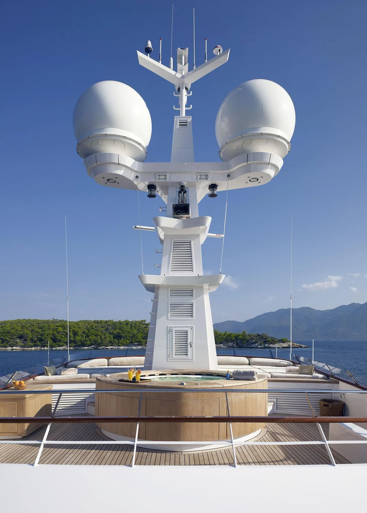 a white tower with a satellite dish on top of it aboard ANCALLIA Yacht for Sale