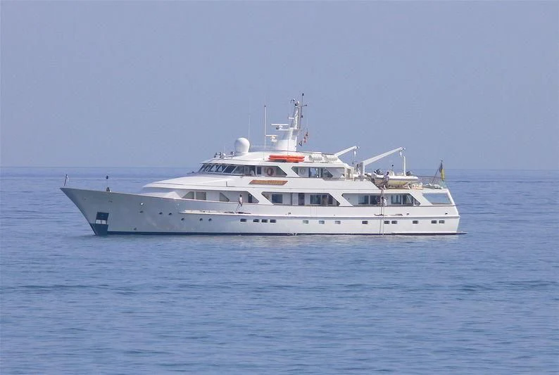 a white yacht in the water aboard ANCALLIA Yacht for Sale