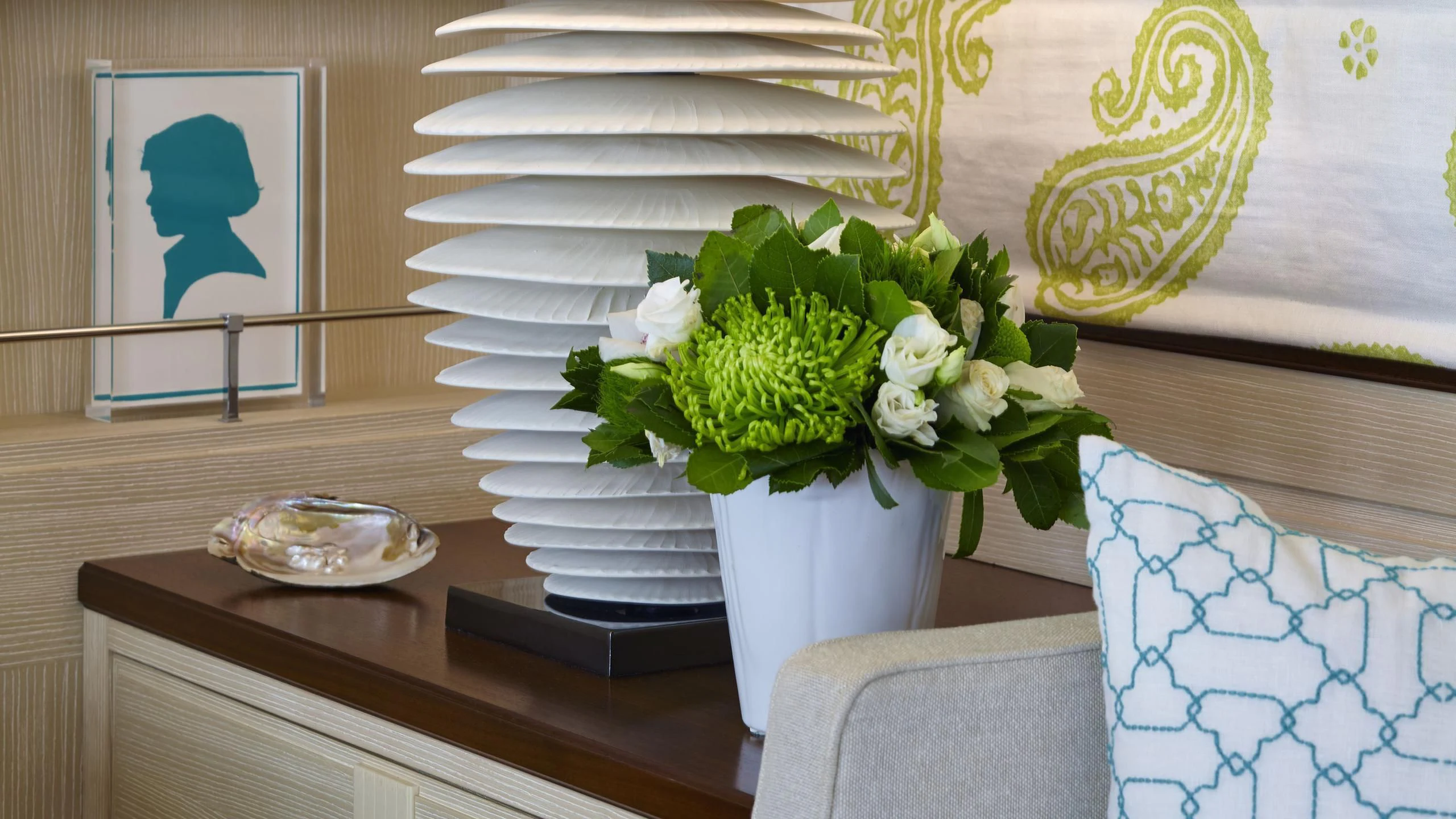 a vase of flowers on a shelf aboard ANCALLIA Yacht for Sale
