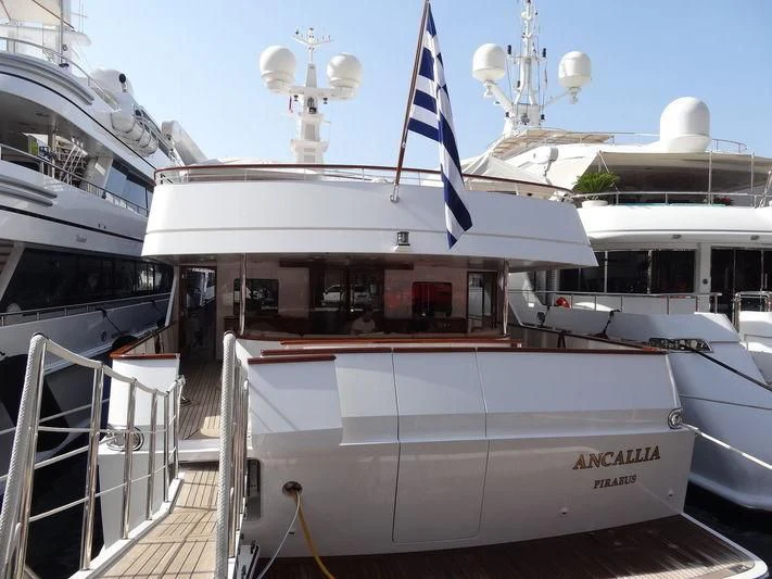 a boat with flags on it aboard ANCALLIA Yacht for Sale