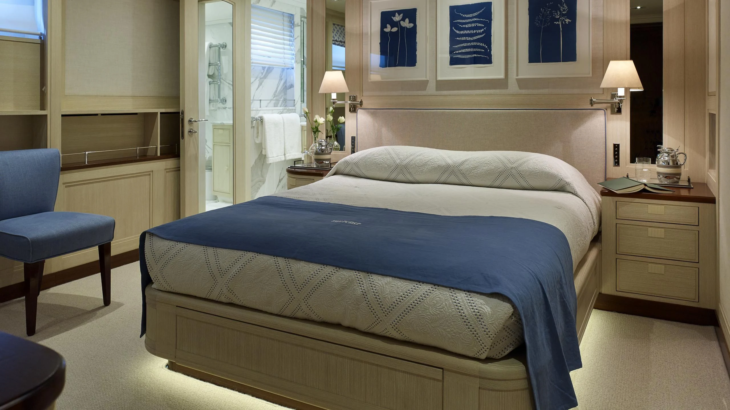 a bed in a hotel room aboard ANCALLIA Yacht for Sale