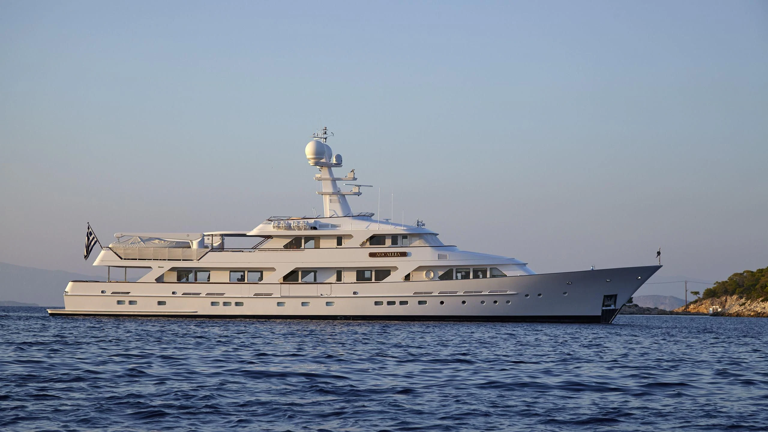 a large white yacht aboard ANCALLIA Yacht for Sale