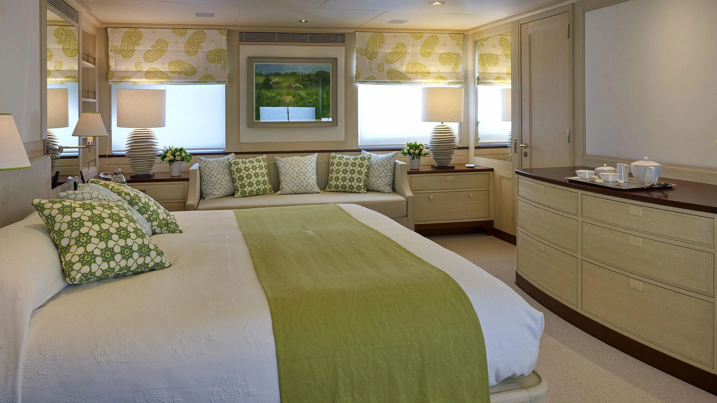 a large bedroom with a large bed aboard ANCALLIA Yacht for Sale
