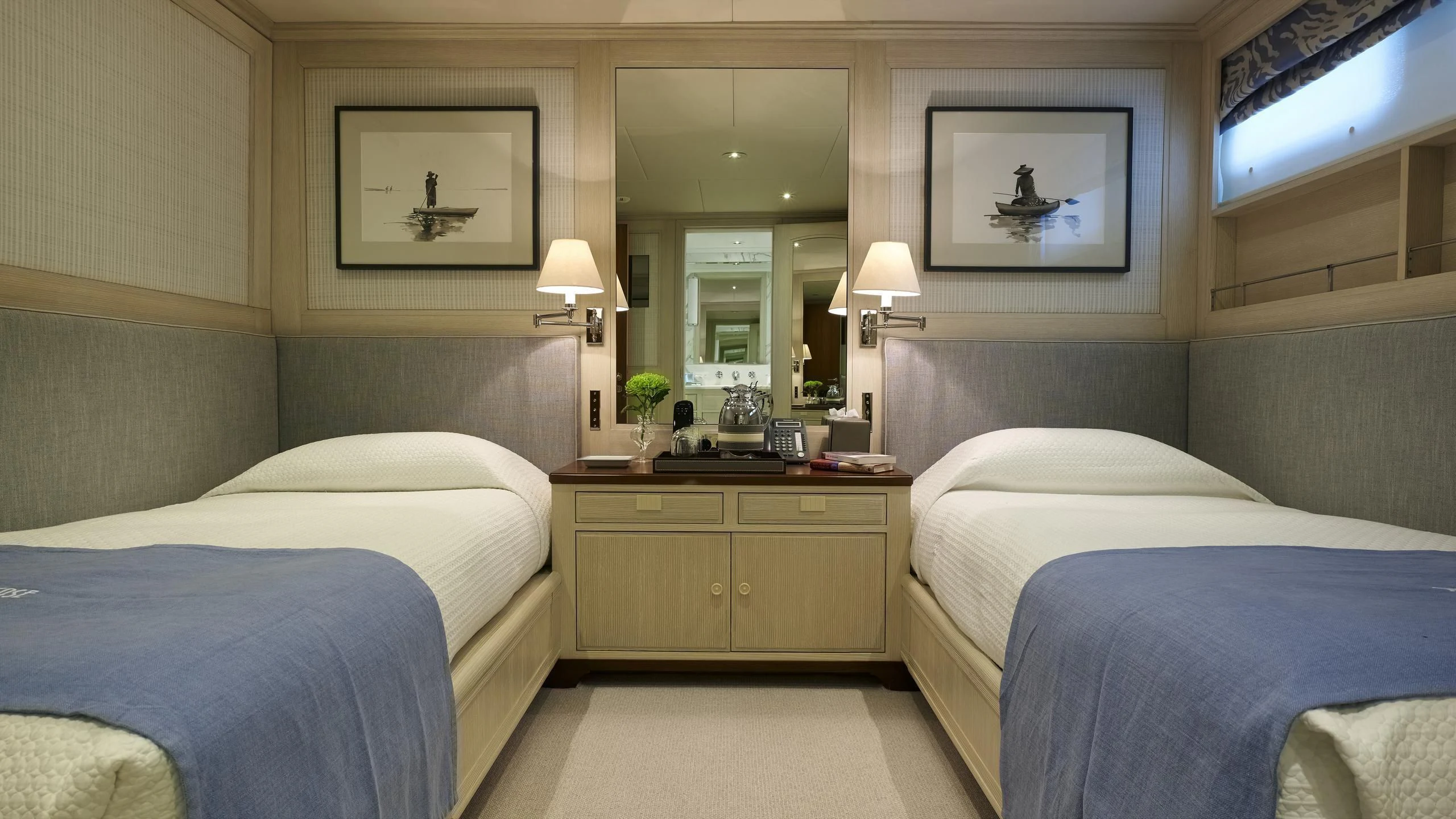 a room with two beds aboard ANCALLIA Yacht for Sale