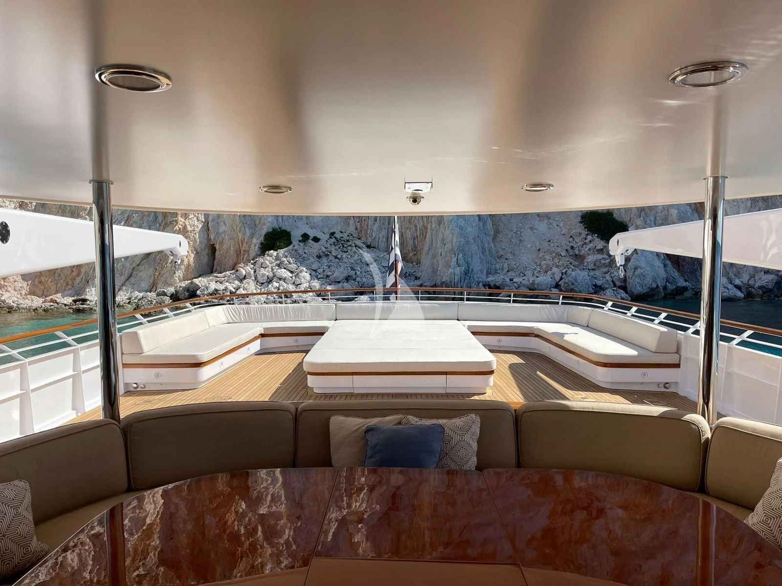 a room with a view of mountains and water aboard ANCALLIA Yacht for Sale