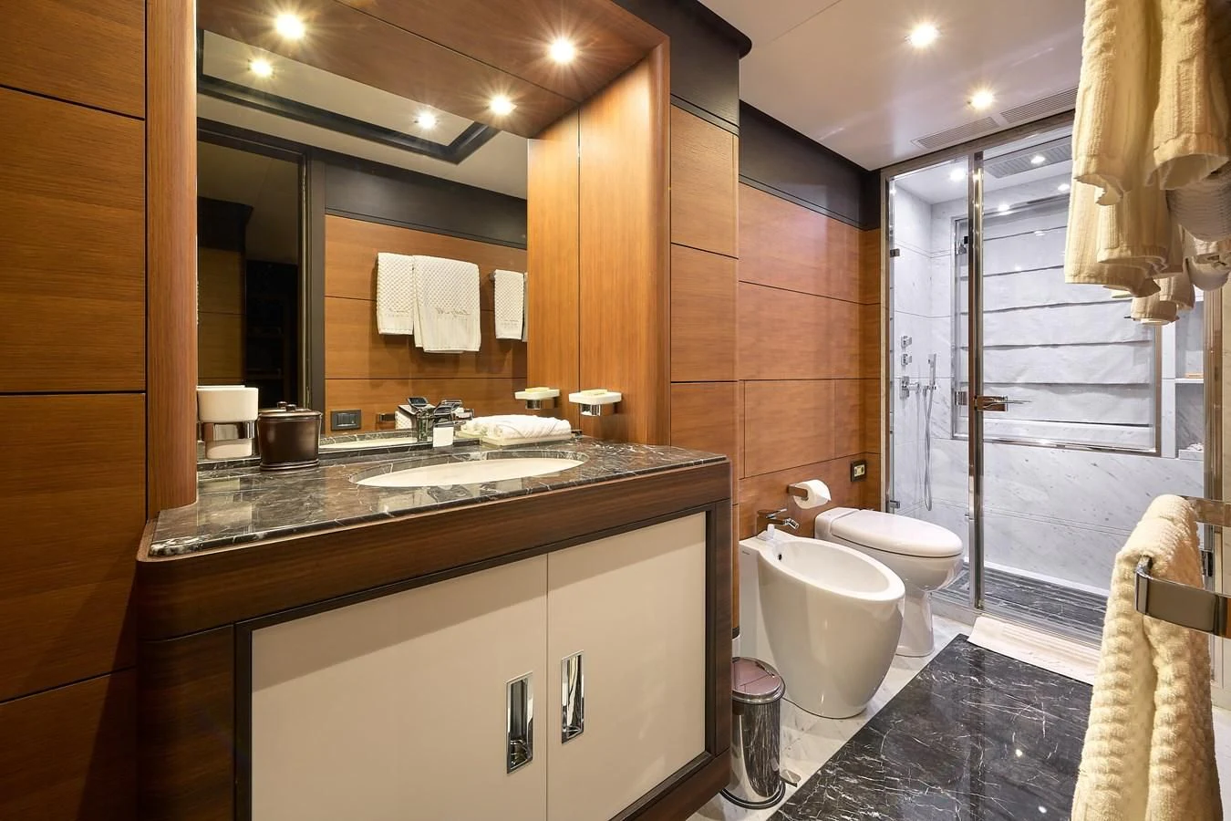 a bathroom with a large mirror aboard LADY MRD Yacht for Charter