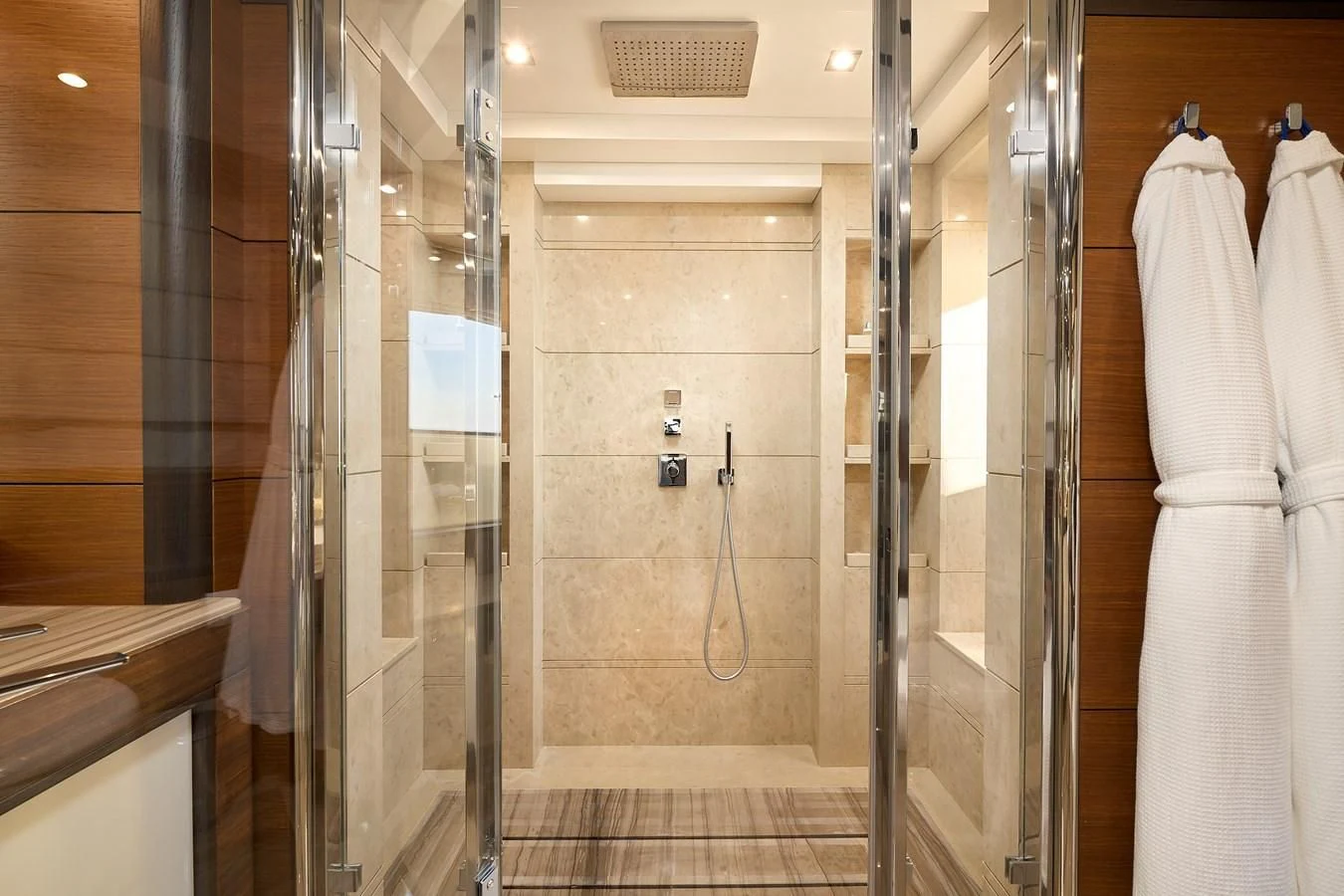 a bathroom with a shower unit aboard LADY MRD Yacht for Charter