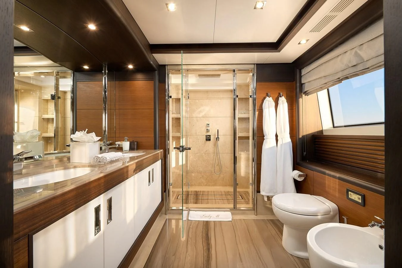 a bathroom with a shower and sink aboard LADY MRD Yacht for Charter