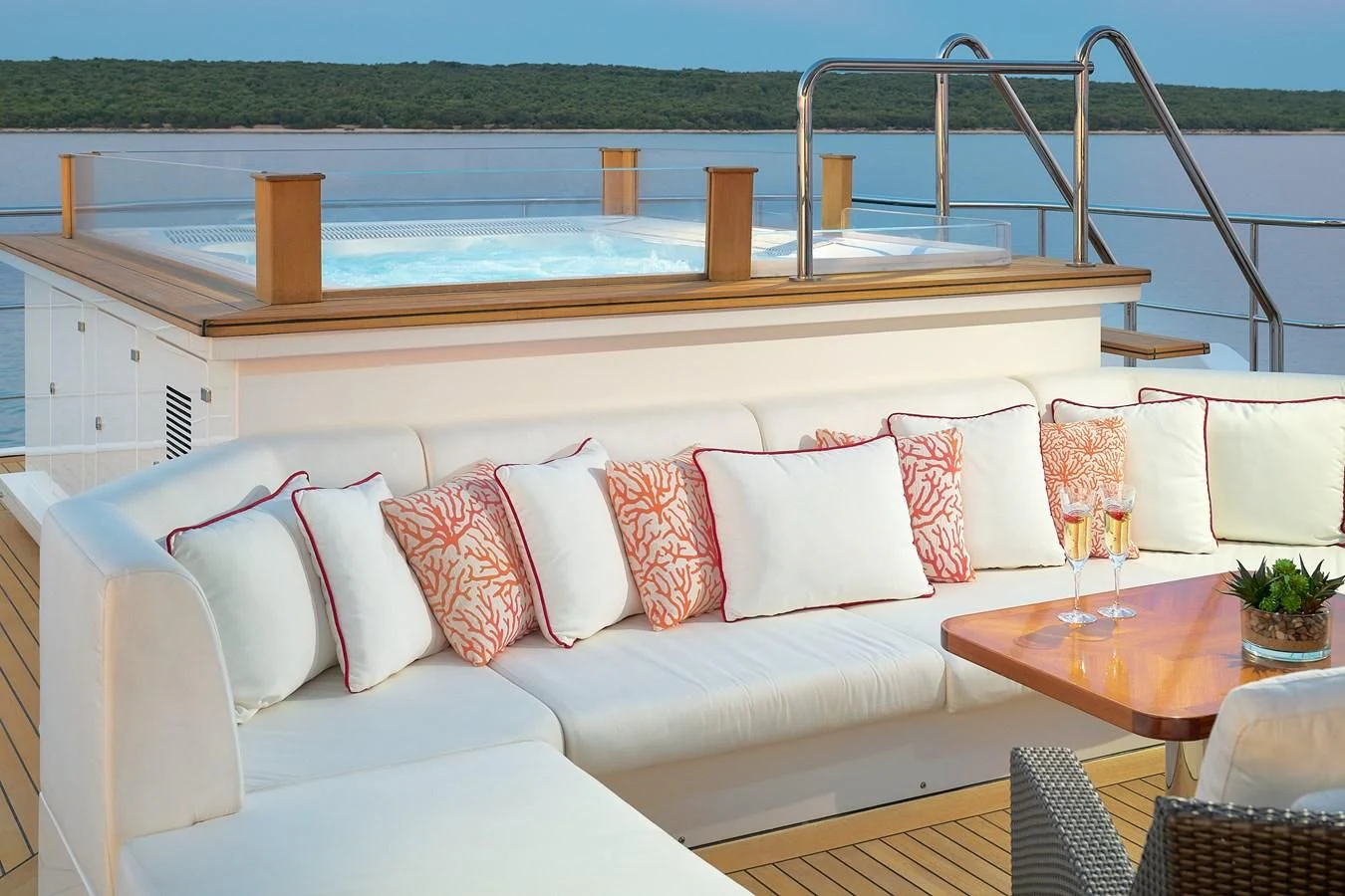a white couch with pillows and pillows aboard LADY MRD Yacht for Charter