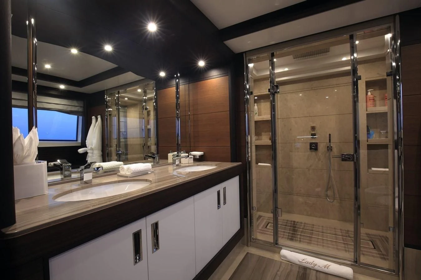a bathroom with a large shower unit aboard LADY MRD Yacht for Charter