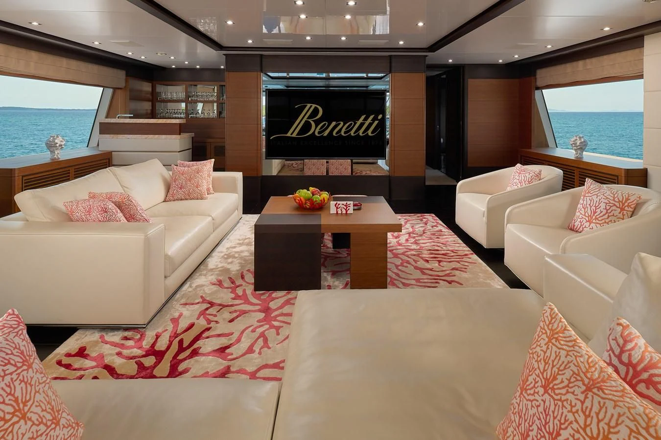 a living room with a large screen aboard LADY MRD Yacht for Charter