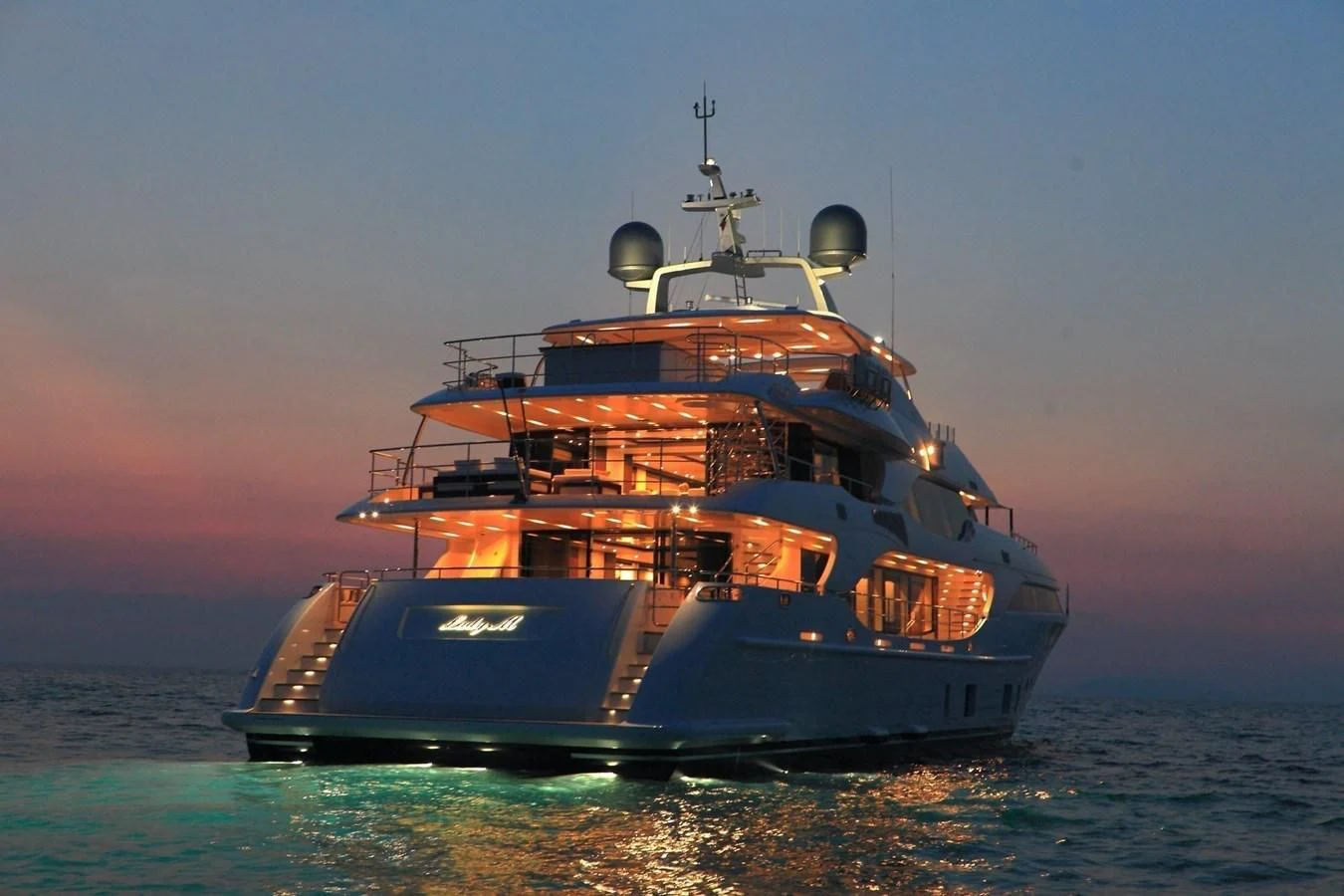a large ship in the water aboard LADY MRD Yacht for Charter