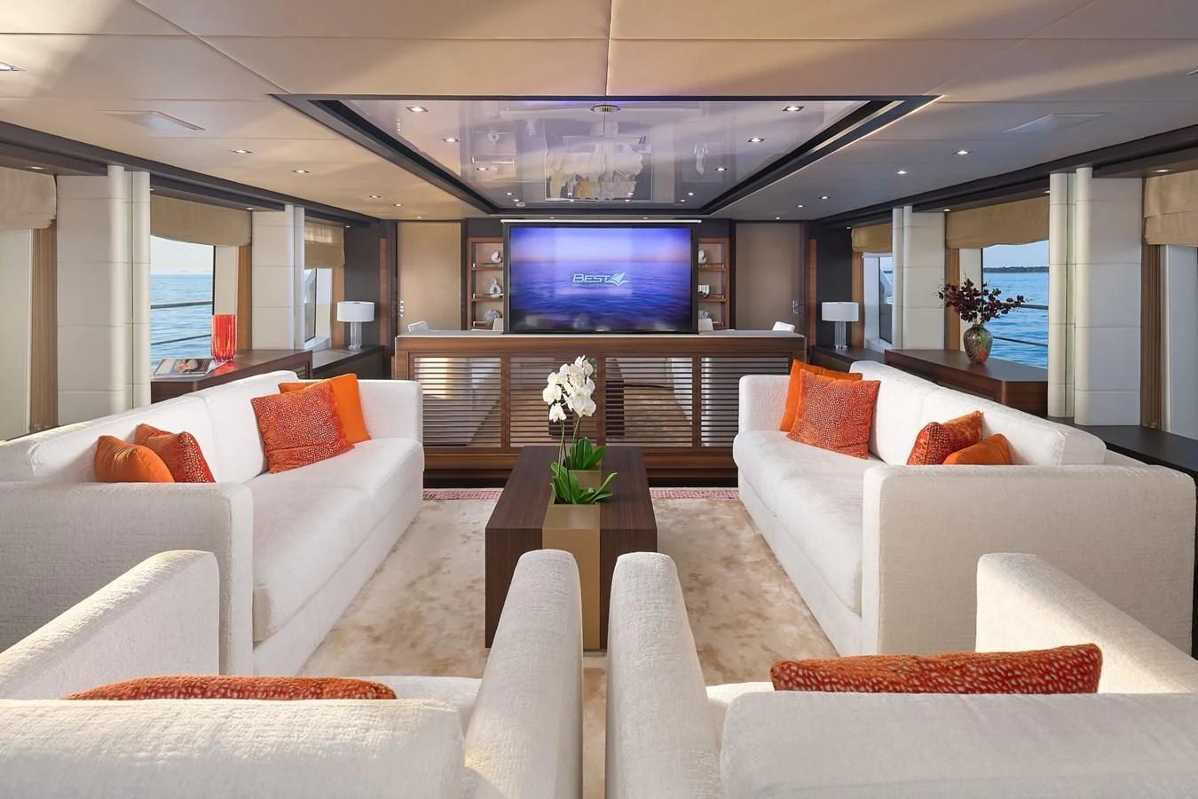 a living room with white couches aboard LADY MRD Yacht for Charter
