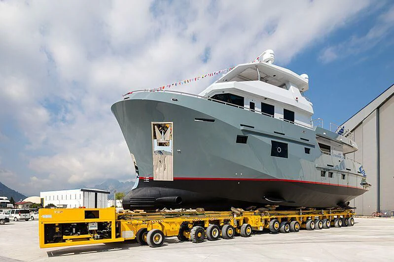 a large boat on a trailer aboard VERONIKA Yacht for Sale
