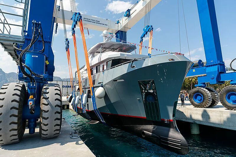 a boat with a large blue crane aboard VERONIKA Yacht for Sale