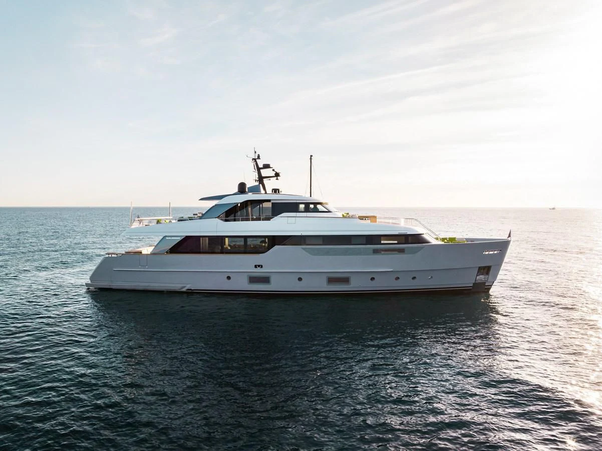a white yacht in the water aboard PEARL Yacht for Sale