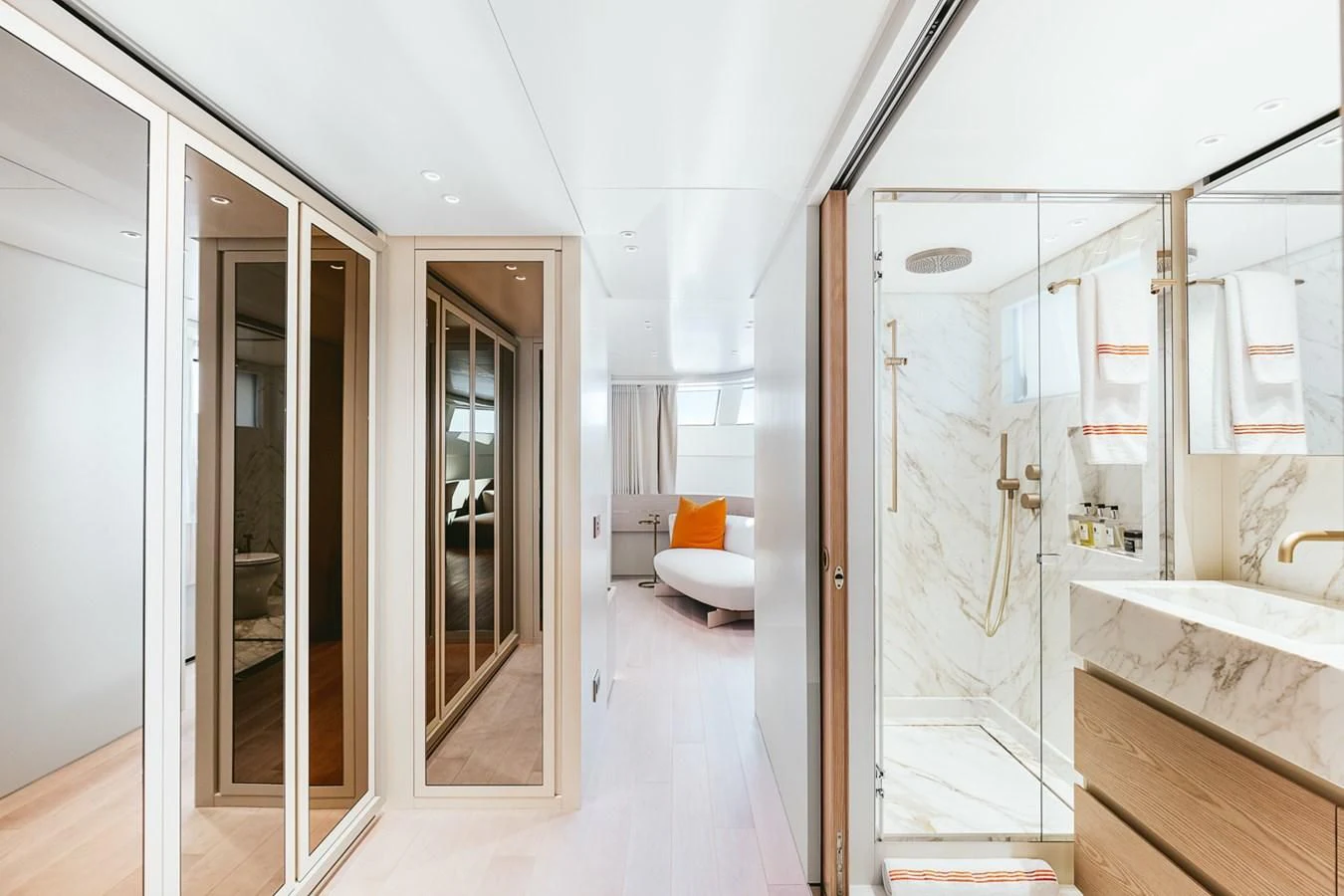 a bathroom with a glass shower aboard PEARL Yacht for Sale
