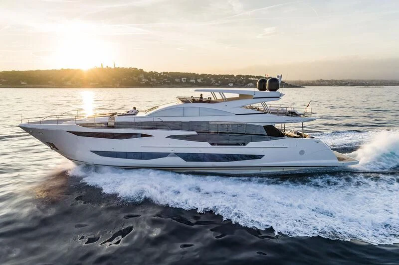 a white boat on the water aboard PEARL Yacht for Sale