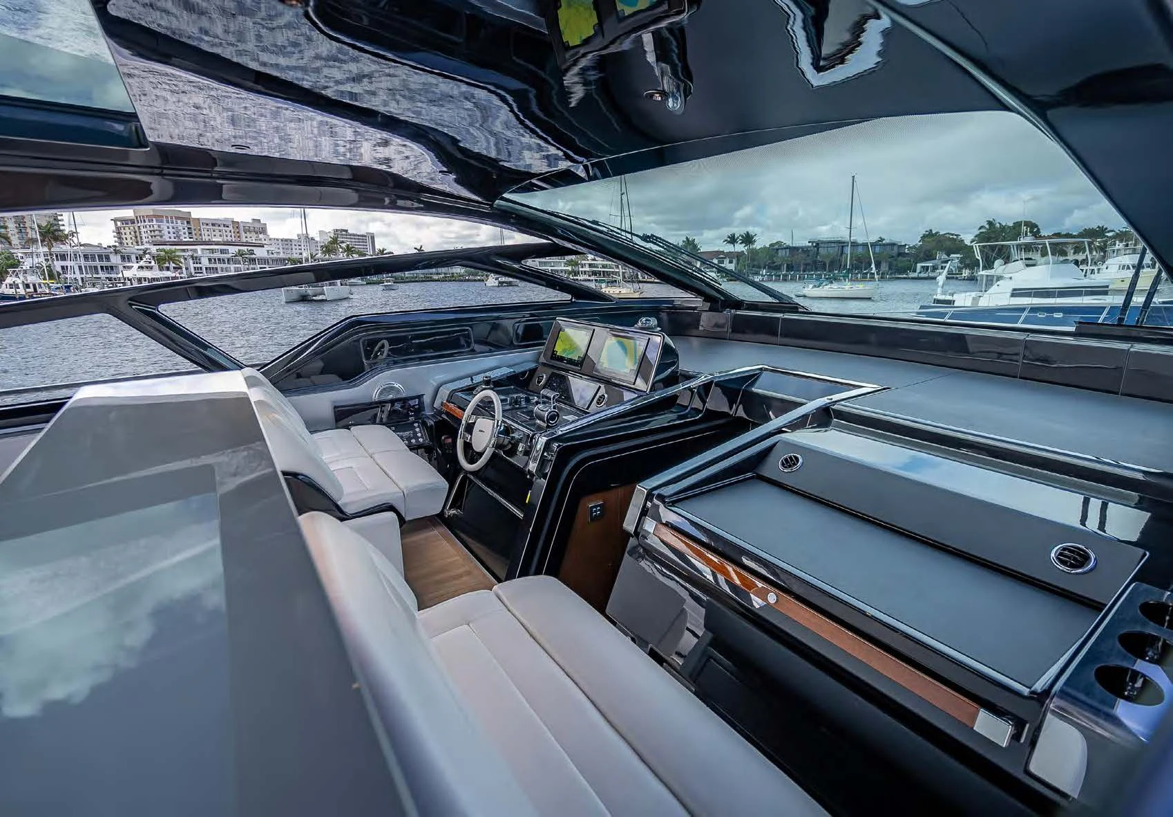 the inside of a car aboard JACQPOT Yacht for Sale