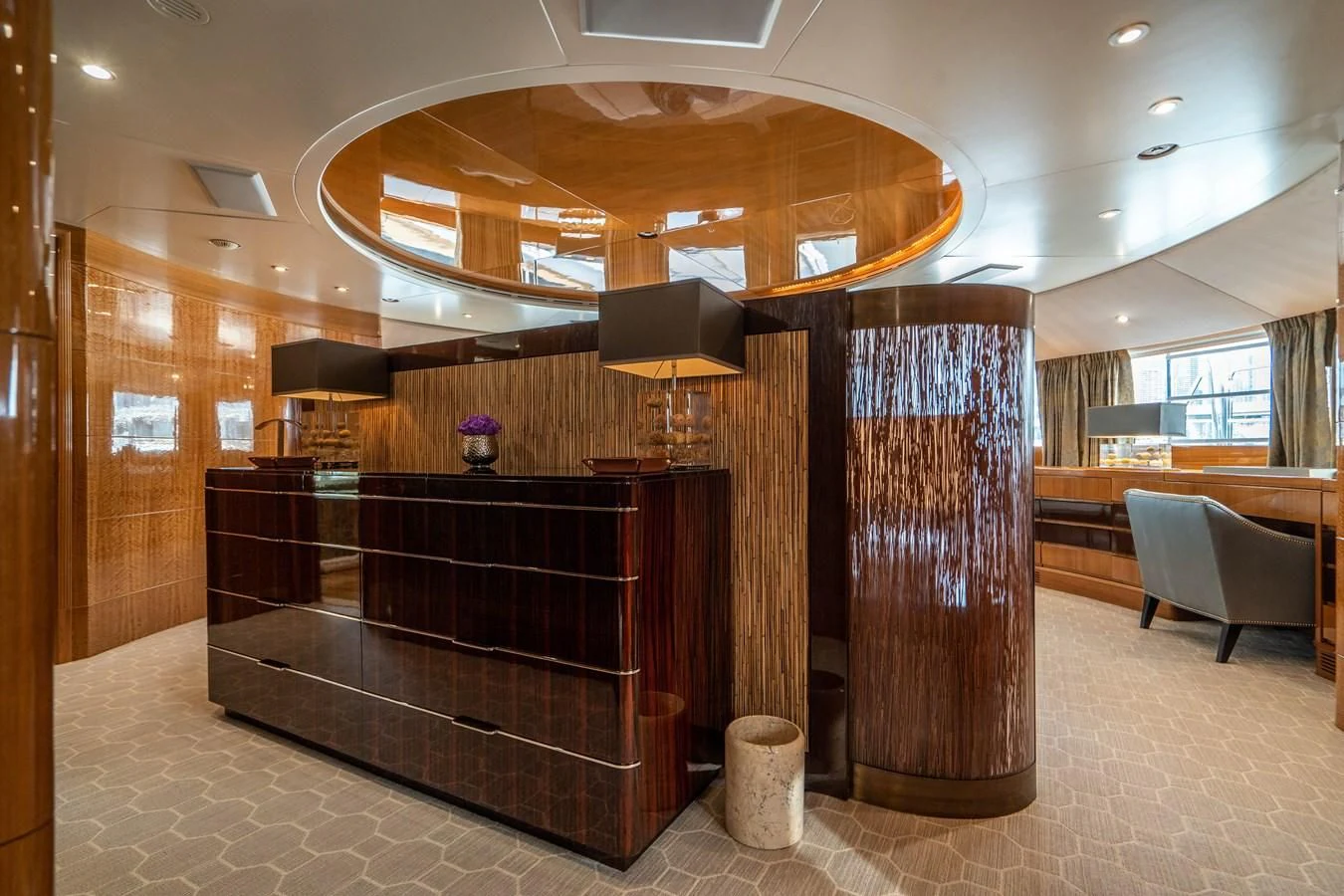 a room with a fireplace aboard GROOVER Yacht for Sale