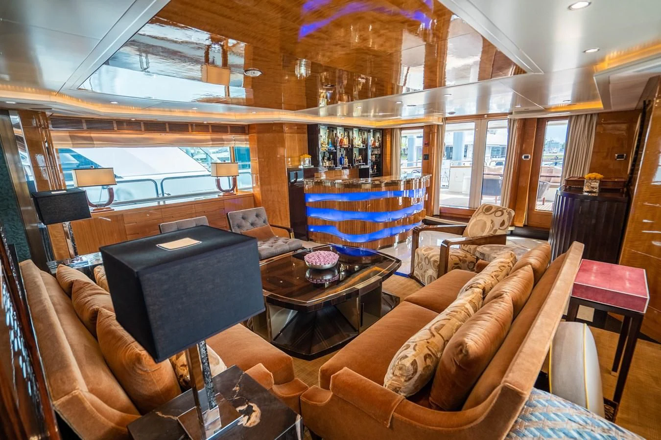 a living room with a large window aboard GROOVER Yacht for Sale