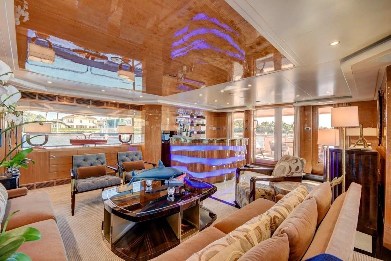 a living room with a large window aboard GROOVER Yacht for Sale
