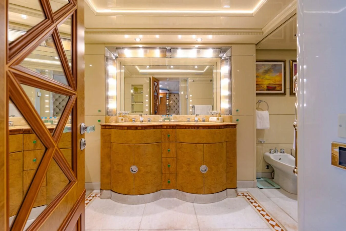 a bathroom with a large mirror aboard AZUL V Yacht for Charter