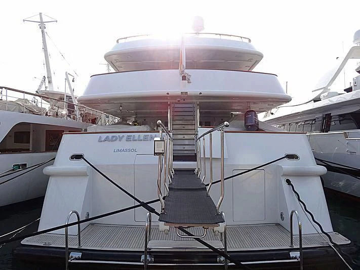 a white boat with a staircase aboard AZUL V Yacht for Charter